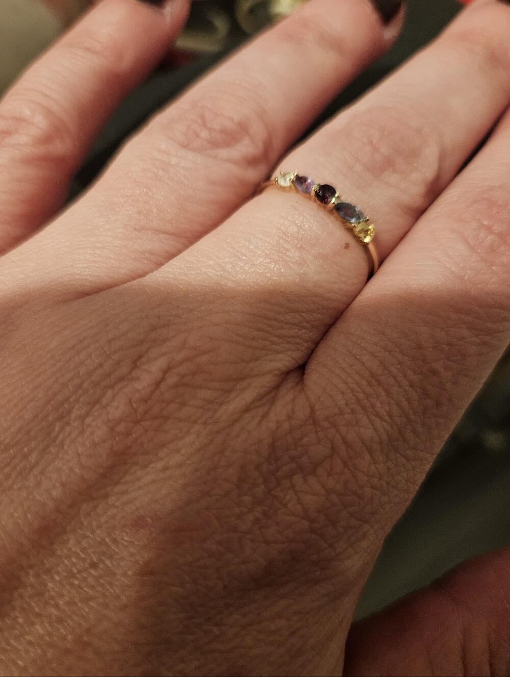 Solid Yellow Gold ACROSTIC Ring - Multi-gem, Size 6